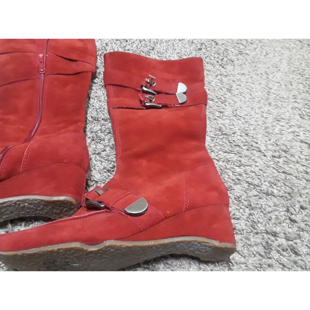 Boots Red Suede Leather Wedge Heel Buckle Accents‎ Mid-Calf Boots